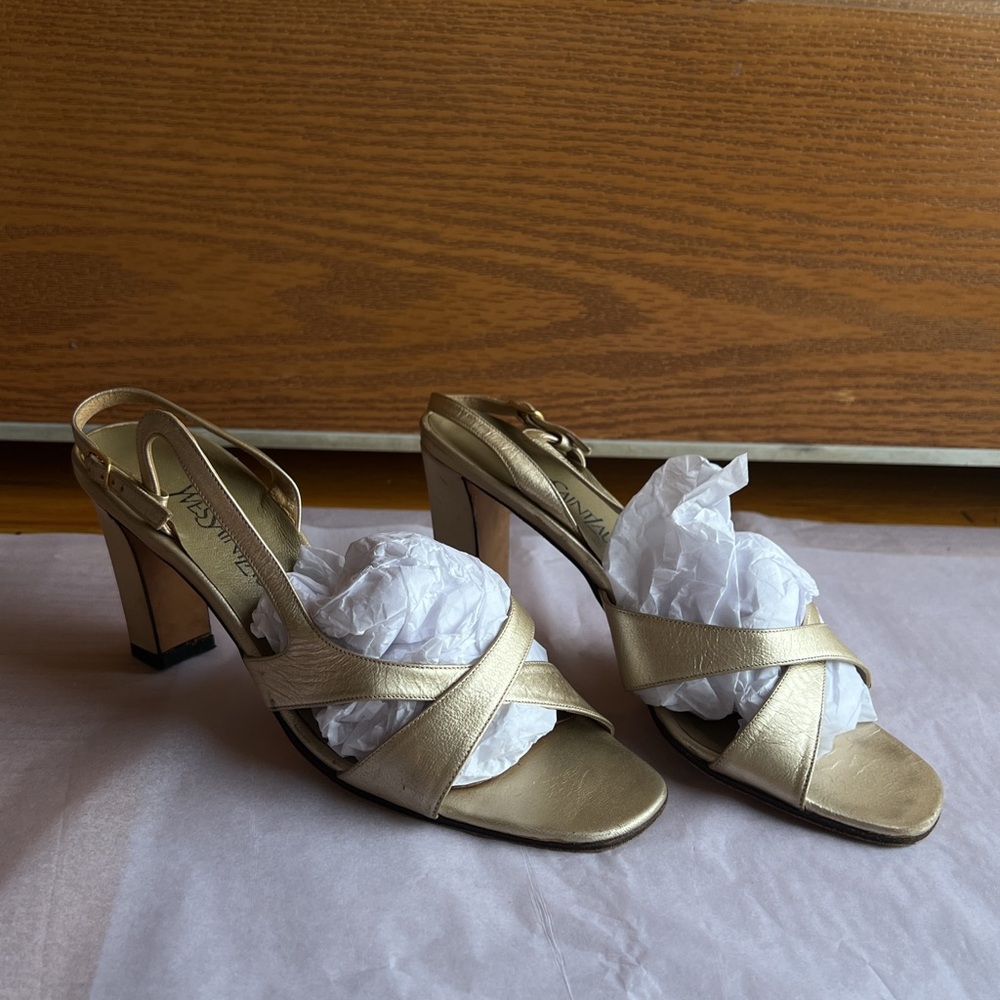 Vintage Saint Laurent Gold Metallic Strappy Sandals | 70s 80s Glam